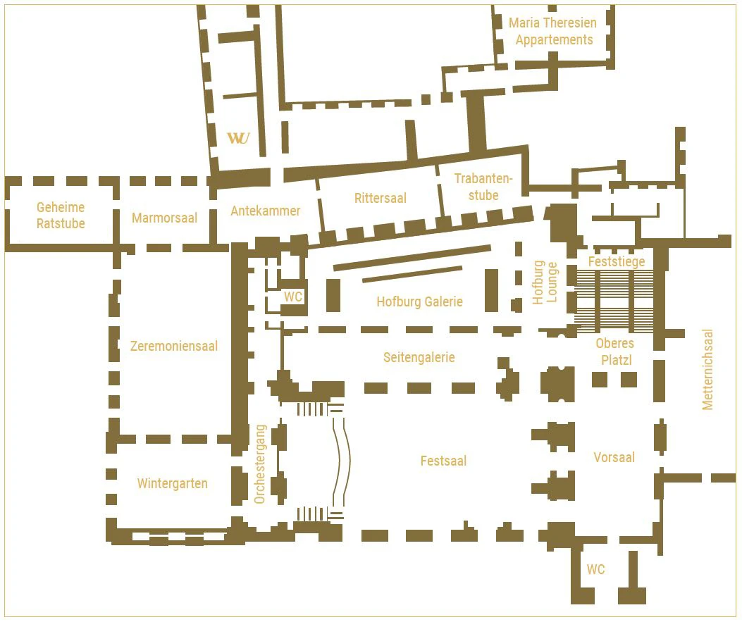 Grafik: WU Ball Raumplan vom Mezzanin der Wiener Hofburg